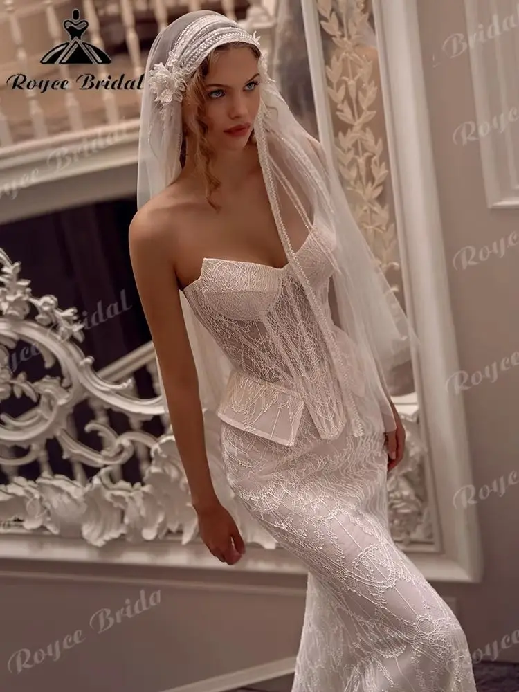Strapless Sweetheart 2 Piece Corset Mermaid Wedding Dress Vintage Corded Lace Separate Top Skirt Abiti Da Sposa Customized