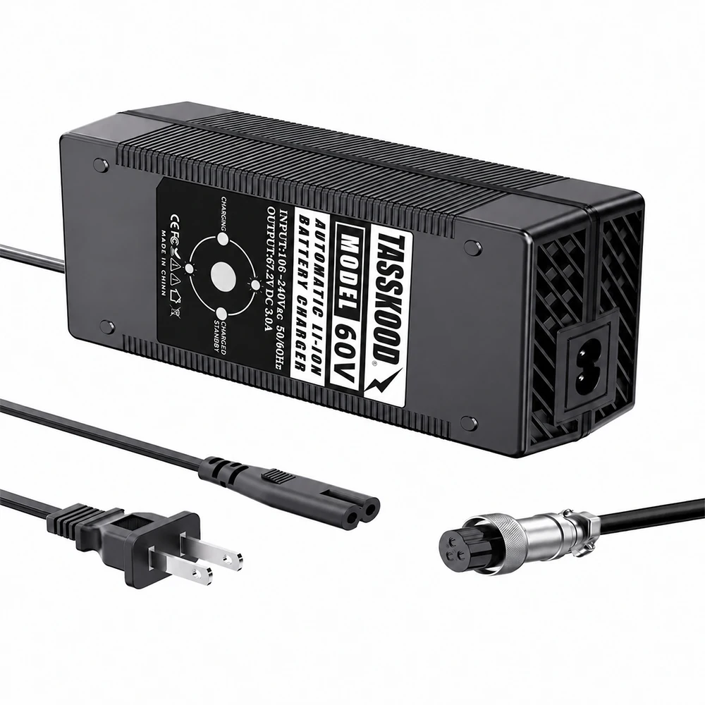 67.2V 2A Charger for 16S 60V Li-ion Battery 15Ah 20Ah 25Ah 30Ah 40Ah 50Ah 60Ah, Smart Charger with GX16-3 1+ 3- Plug