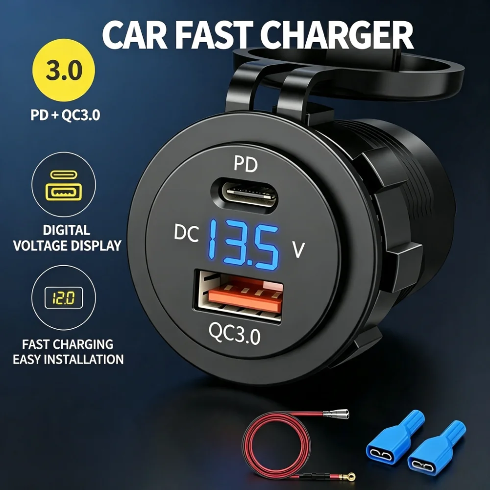 PD+QC3.0 Fast Car Charger Socket with Digital Voltmeter Waterproof 12V 24V Power Outlet for Motorcycle Truck Boat RV