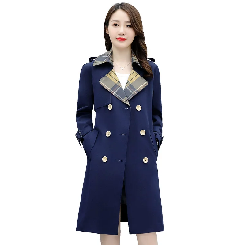 

Temperament Long Khaki Navy Women's Lapel Stitching Coat Trench Female Spring Autumn Windbreaker