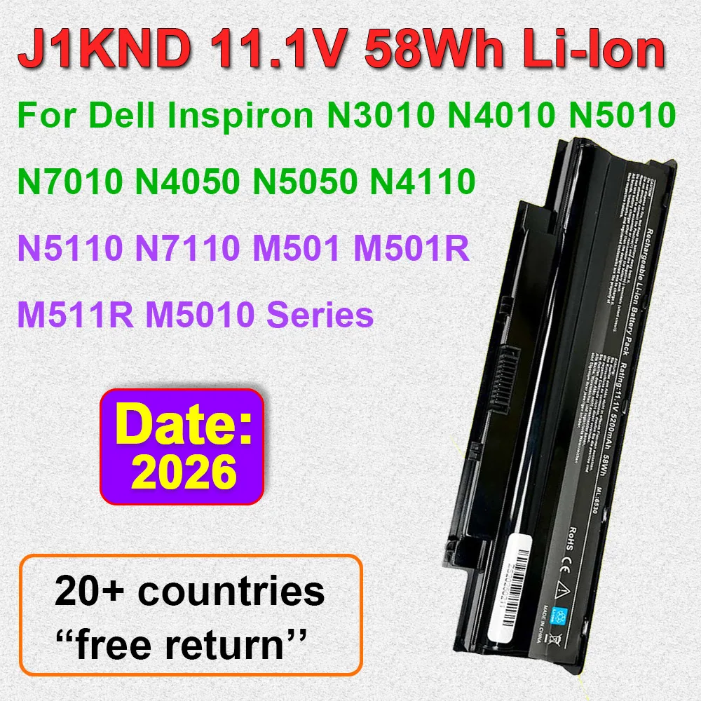 11.1V 58Wh Laptop Battery J1KND For Dell Inspiron N3010 N4010 N5010 N7010 N4050 N5050 N4110 N5110 N7110 M501 M501R M5010 M5030