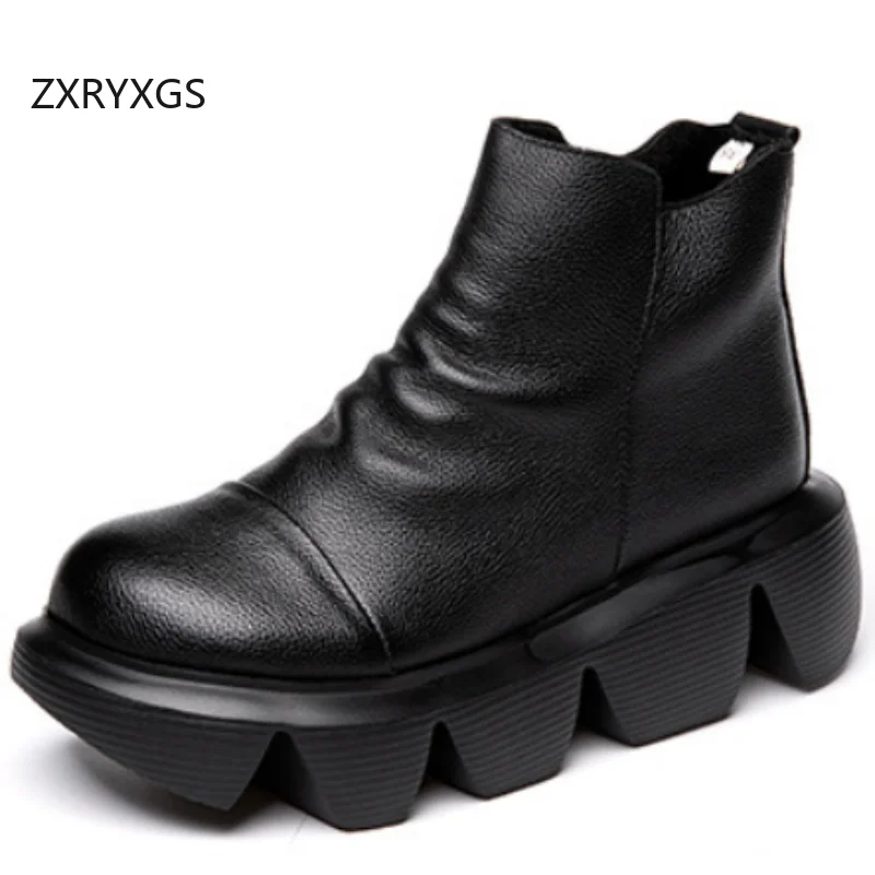 

ZXRYXGS Top Layer Cowhide Leather Boots 2026 New Autumn Winter Fashion Boots Women Thick Sole Non-slip Increase Boots Tide Shoes