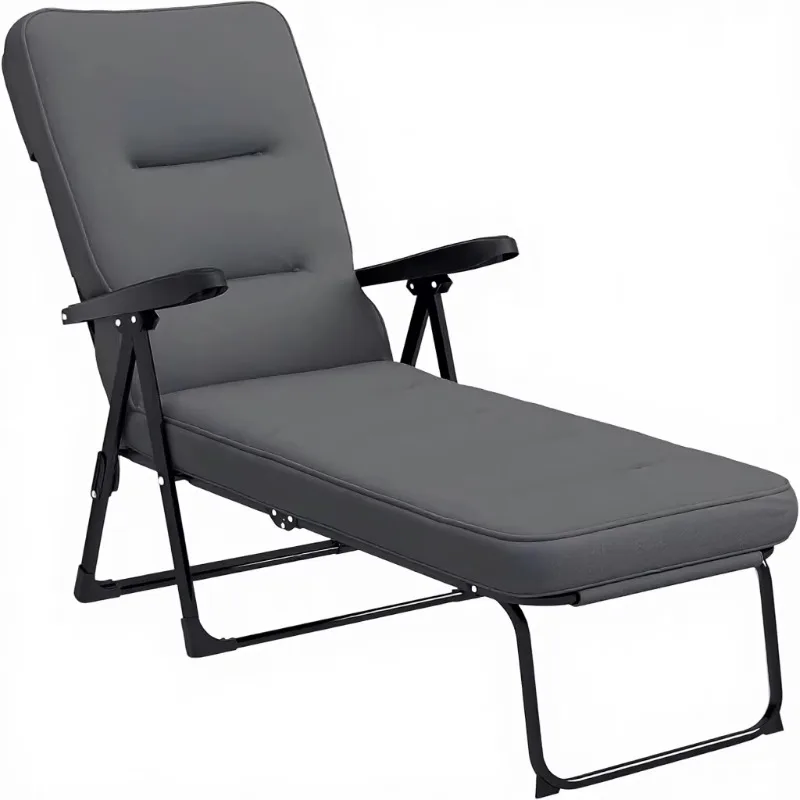 For Outdoor Lounge Chair Steel Frame Polyester Fabric Padded Cushion Folding Reclining Patio Garden Chair Recline Back