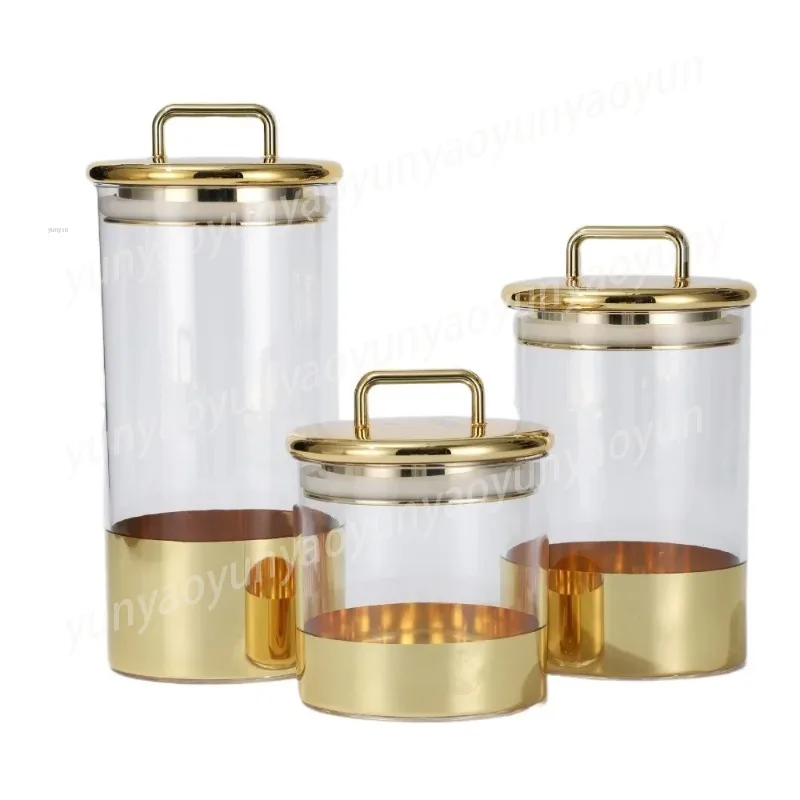 Grains Moisture-proof Storage Box Transparent Glass Snacks Dry Goods Storage Jar Gold Cover Kitchen Household Sealed Jar P9G5H4