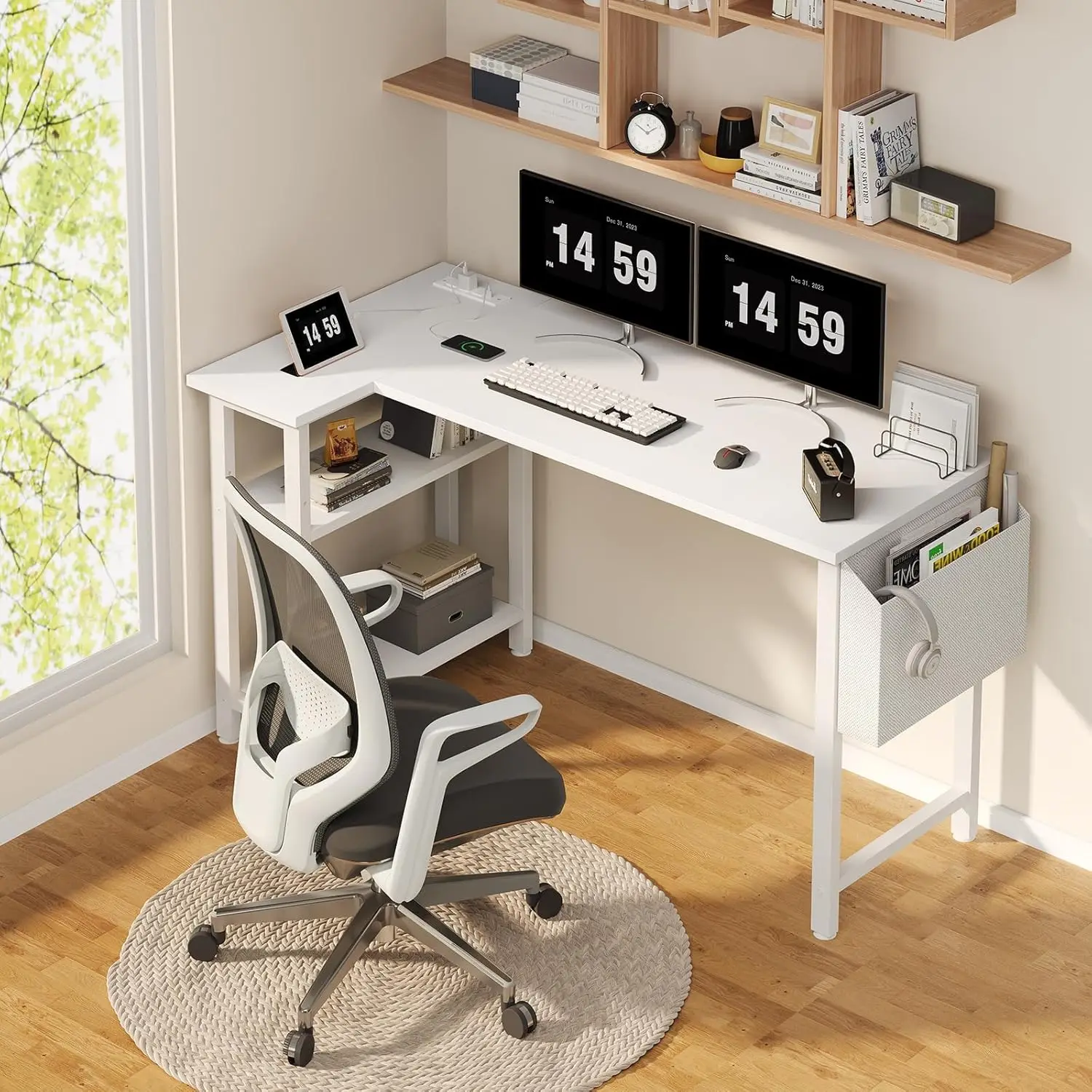 L-shaped computer desk with power socket rack, 47 inch home office bedroom corner desk, L-shaped work computer desk, white