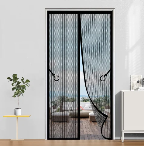 Summer Magnetic Screen Door for Home, Black Striped Mosquito-Proof Breathable Screen Door with Foldable Design, Magnetic Mesh Sc