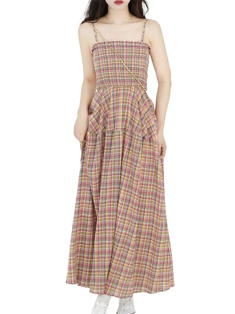 

Summer 2024 New Women Plaid Camisole Long Dresses Slim Soft Korean Cotton Dress Elegant Lady Square Collar Mori Girl Style Chic