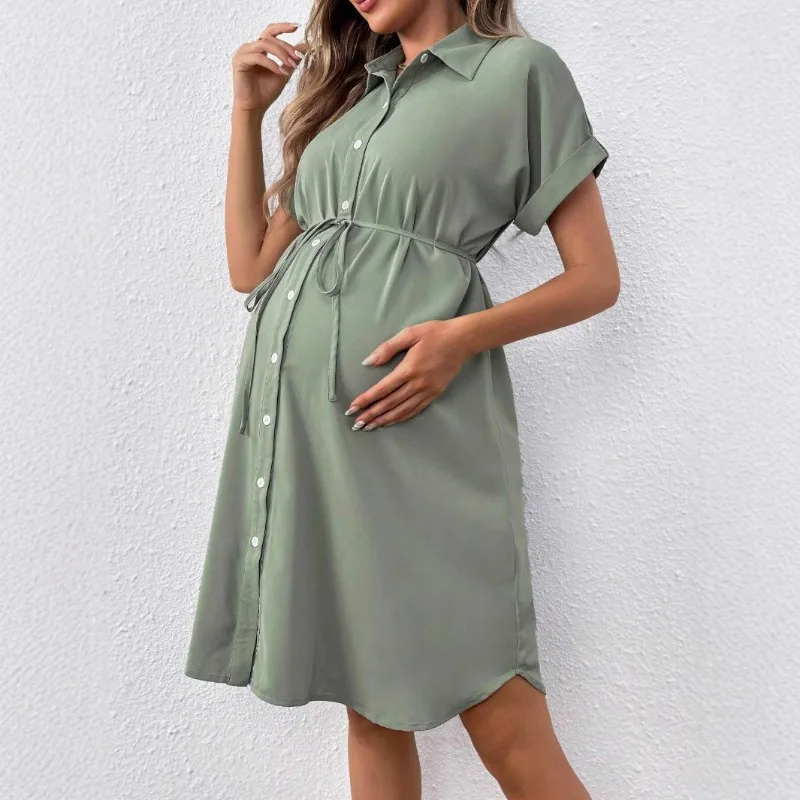 New Maternity Dress Summer Short Sleeve Button Casual Maternity Dress Fashion Belt Shirt Maternity Dress Pregnancy Dress