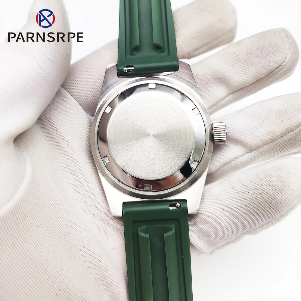 Water Resistant Case 40mm Silver Solid Screw Lock Stainless Steel Case Breathable Green Strap Sapphire Glass Fits NH35 NH36