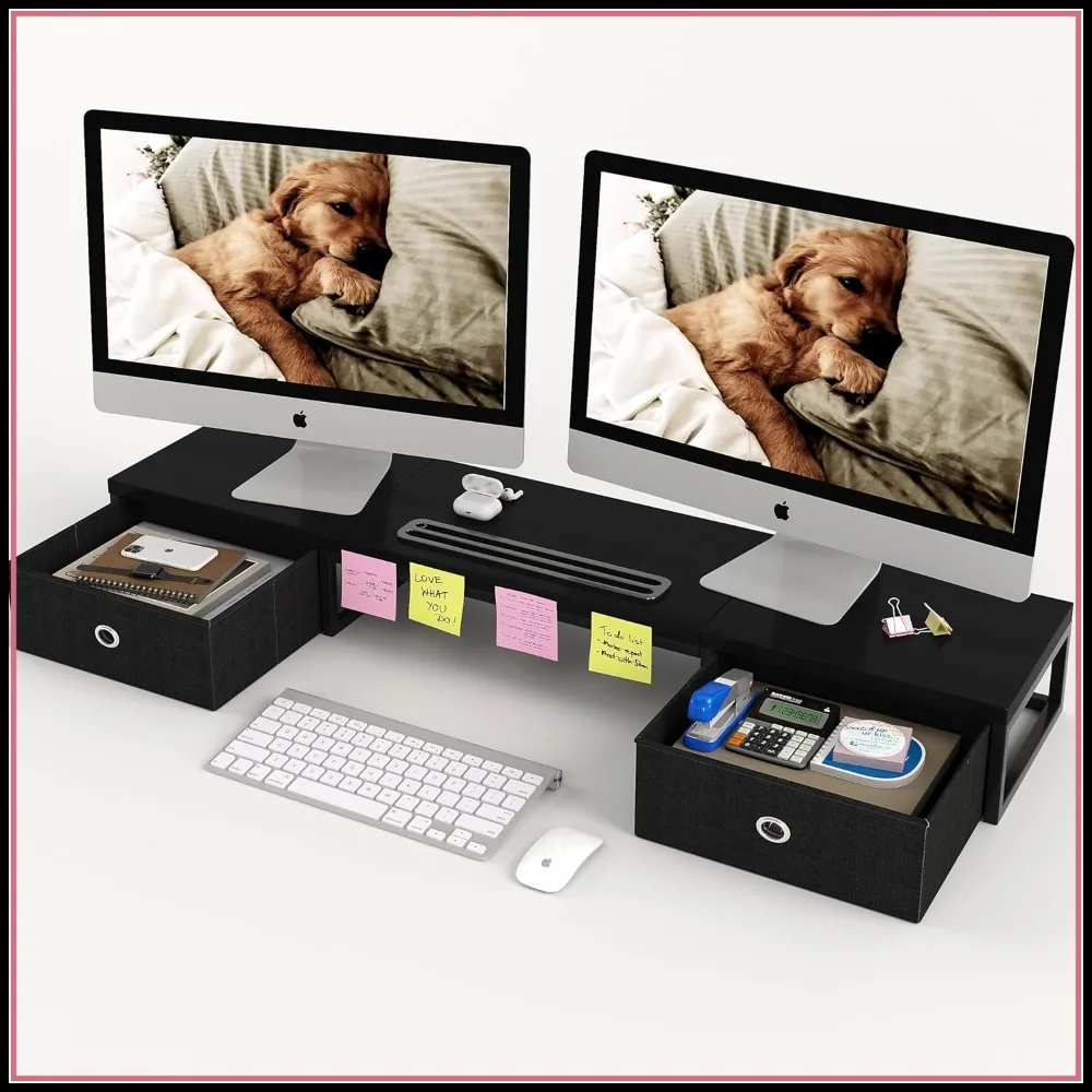 39 inch Dual Monitor Stand Riser with 2 Drawers, Large Black Wooden Computer Desk Organizer, Phone Holder, Ergonomic Home Office
