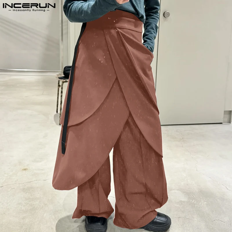 INCERUN Deconstructive Design Pants Men Multilayer Ruffled Edge Trousers Elastic Waist Handsome Causal Pants Solid Color Pants