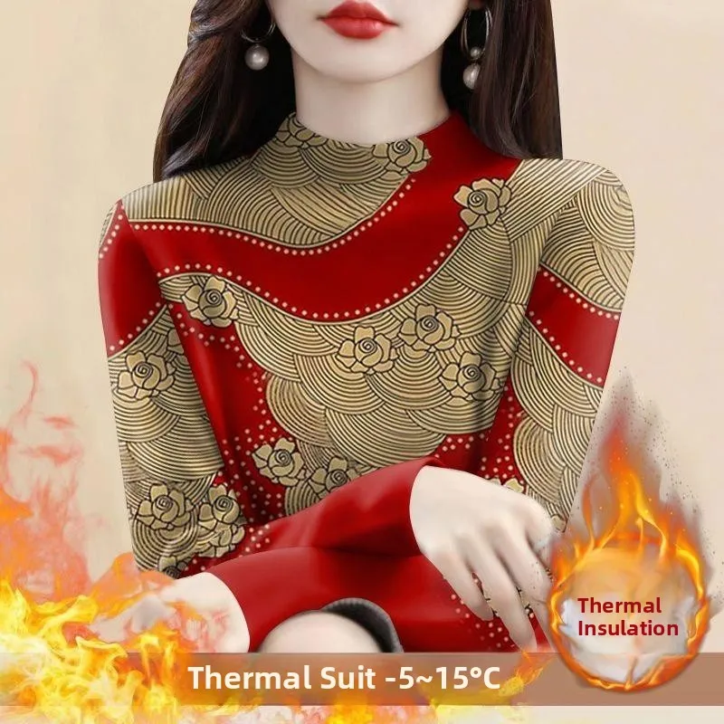 Fleece Lined Long Sleeve T-Shirt Women's Casual Style Half High Collar Base Layer Top Comfortable Breathable Floral Print Tee