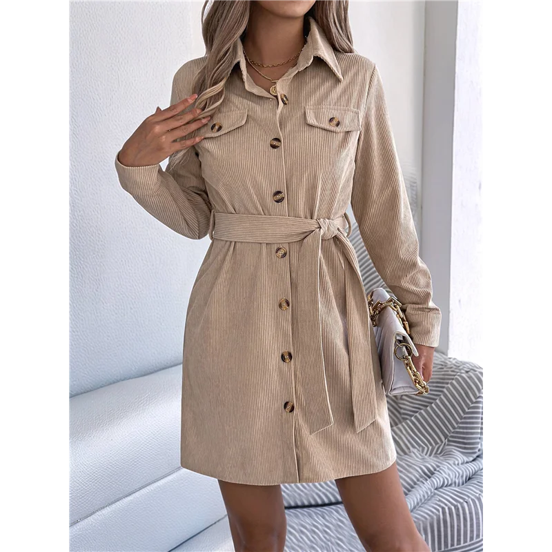 

ABRT-Women's Collar V Neck Button Down Pleated Long Sleeve Mini Shirt Dress With Belt