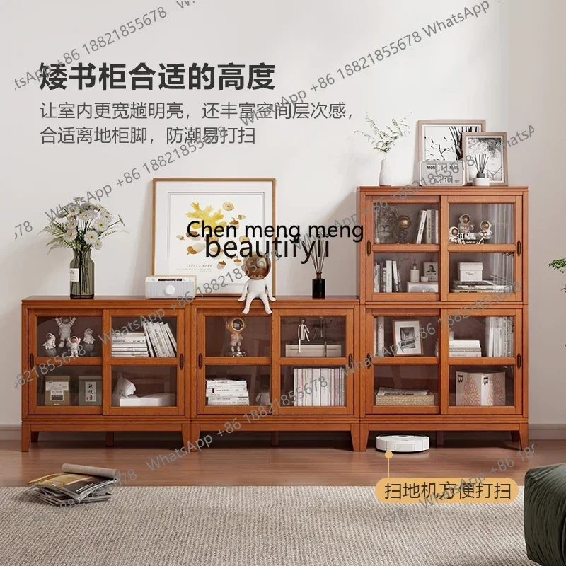 American solid wood short, floor-to-ceiling living room home bookshelf with glass door, low cabinet sliding door view 4