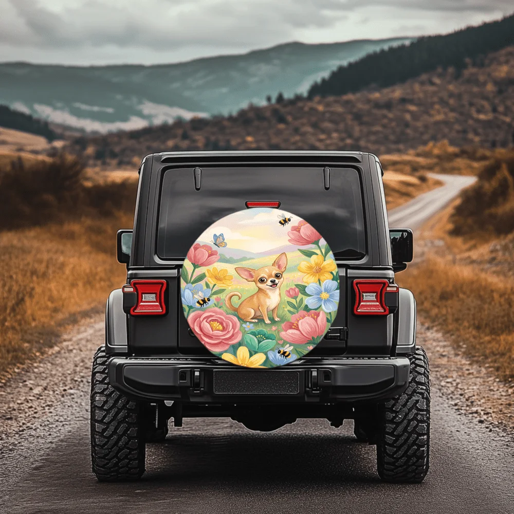 Chihuahua And Floral Pattern 30/34 Inch Multi-Functional Tire Cover, Suitable For Jeep, Trailer, RV, Off-Road Vehicle, Truck, Ca