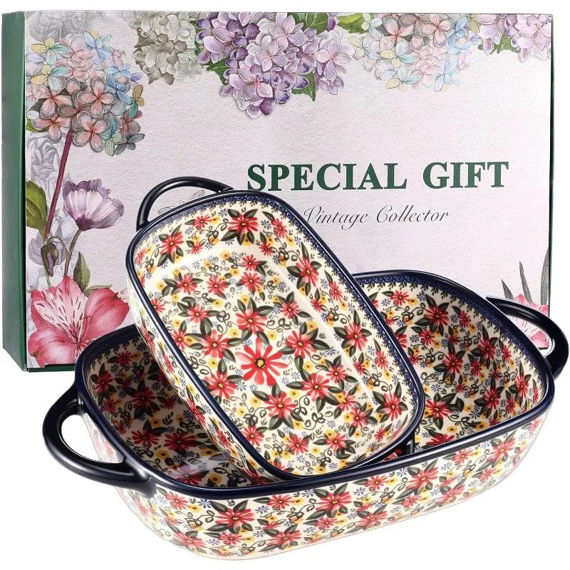 

Ceramic Baking Dish Set of 2,Decorative Polish Pottery Style Casserole Dishes with Handles,Cute Oven-Safe Lasagna Bakeware Set