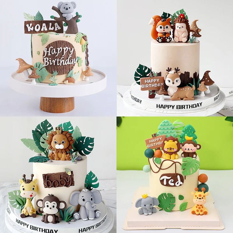 Jungle Animal Cake Topper Kit Plam Leaves Safari Lion Giraffe Elephant Doll Cake Decor Wild One Kids First Birthday Party Decor