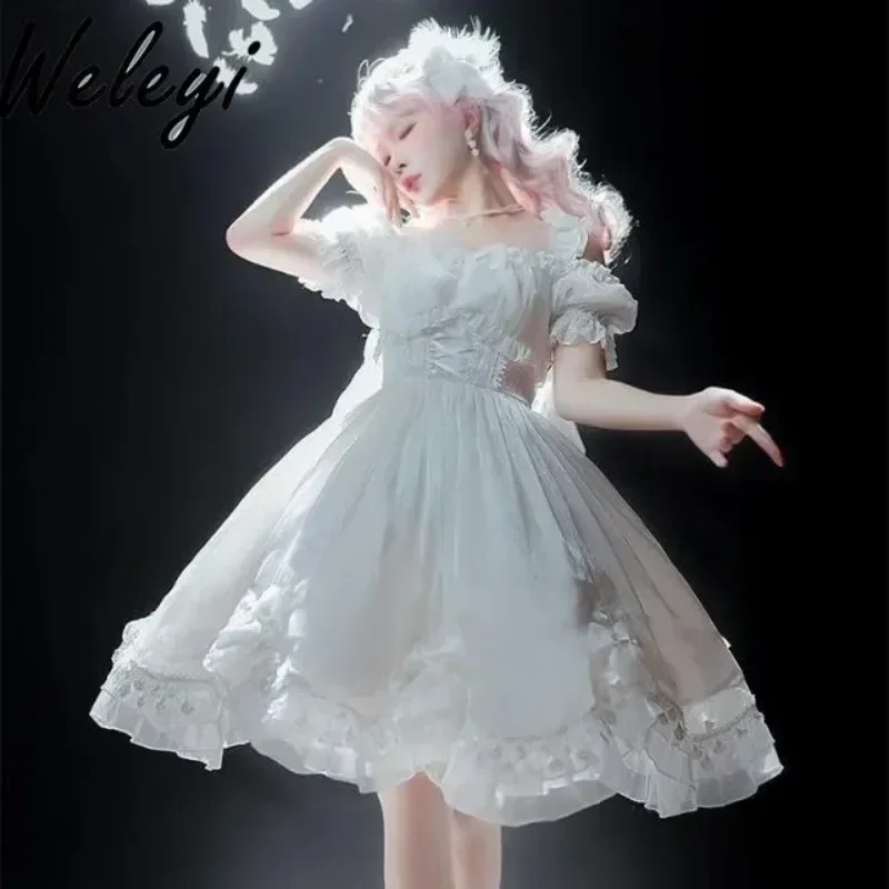 

Princess Lolita Girl Jirai Kei White Dress Women 2024 Summer New Sweet JSK Short Sleeve Large Swing Mid-length Dresses Ladies