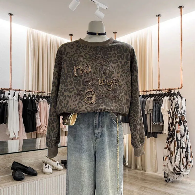 جديد تي شيرت بأكمام طويلة للنساء خطابات ليوبارد طباعة مسمار الخرز المألوف وعصري تنوعا البلوز #1