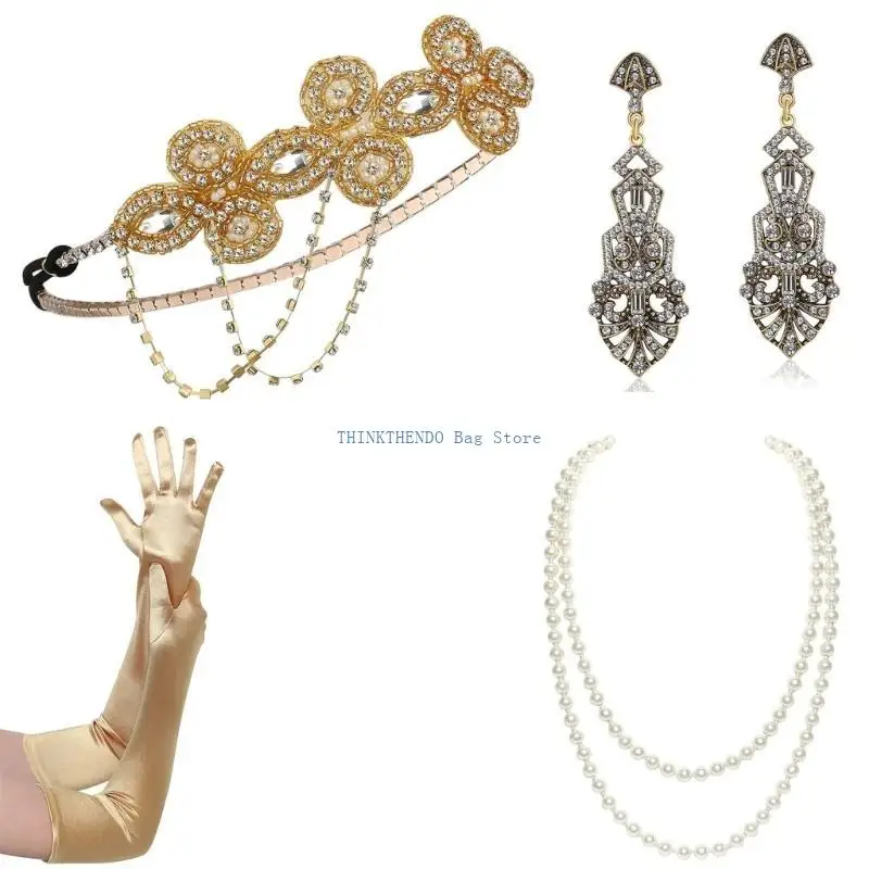 340D Vintage 1920s Flapper Party Women Costume Accessories Set Headband Necklace Earrings Gloves for Cocktail Party