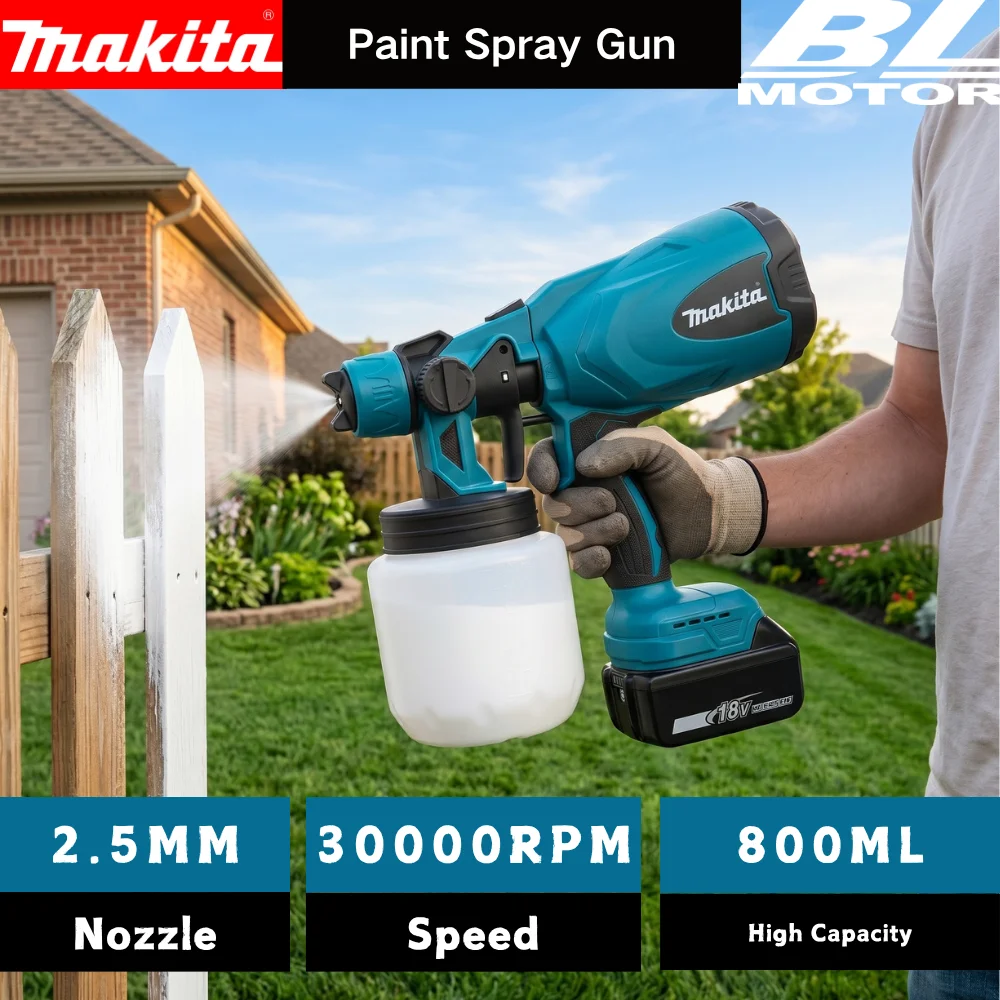 Makita 18V Li-ion Battery Cordless Electric Paint Spray Gun 800mL Portable HVLP Paint Sprayer for Auto Furniture Wall Painting