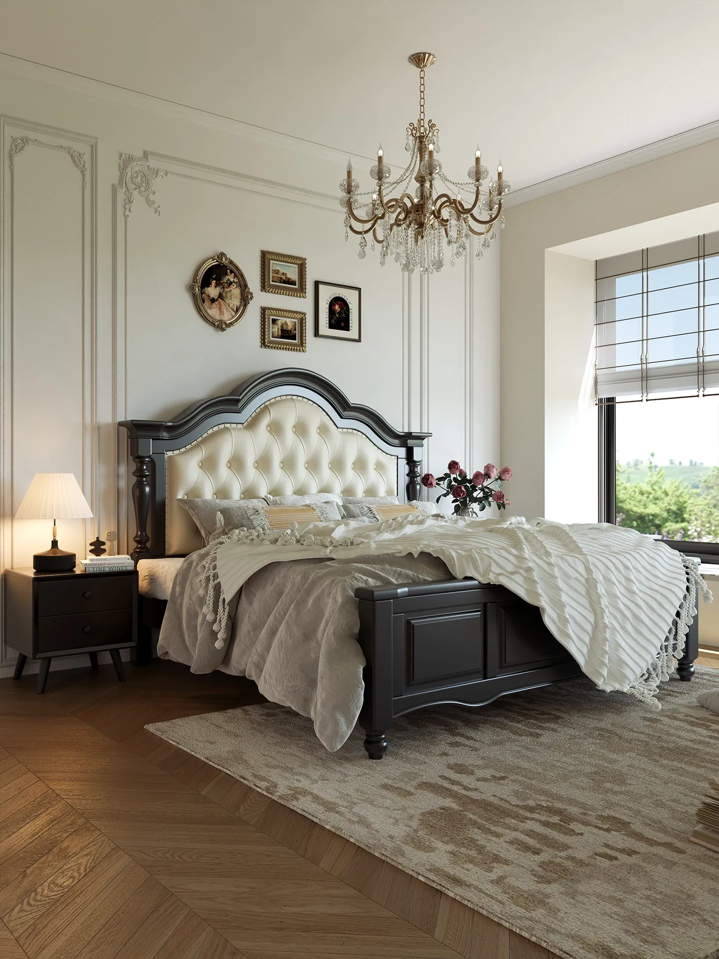 American retro solid wood bed black 1.8m double master bedroom soft bag high backrest storage wedding French leather