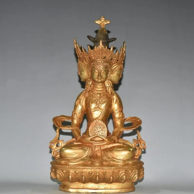 Tibetan Tantric Green Tara Buddha Statue Ornament, Gilt Bronze Altar Decoration, Avalokiteshvara Bodhisattva Three-Faced Buddha