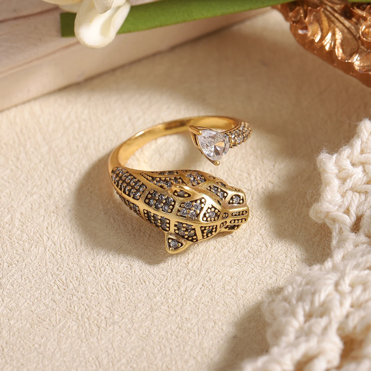 Elegant Leopard Head Ring for Women, Gold Tone Pave Zircon Panther Jewelry, Statement Animal Engagement Gift