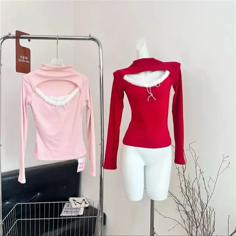 

Two-color hollow furry V-neck half turtleneck top 2024 autumn and winter new pure lust style T-shirt