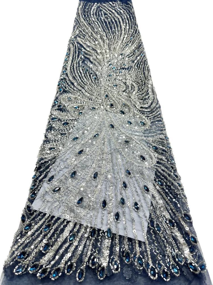 

Luxury Stones African Beaded Lace High Quality 5 Yards Nigerian French Sequins Tulle Net Lace Fabric For Wedding Party Dress
