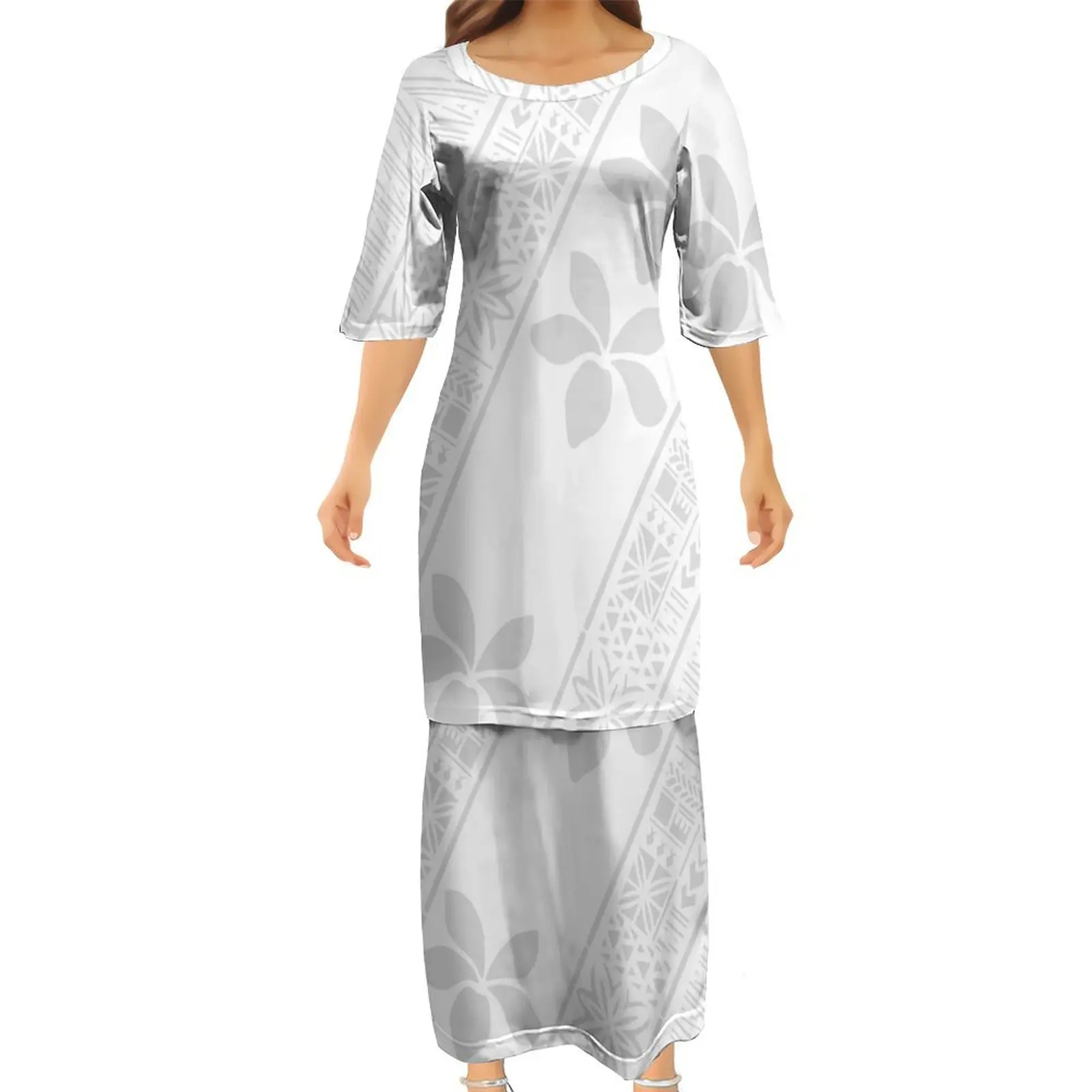 Pacific Islands Art Maxi Dress Polynesian Puletasi Dress Double Full Skirt Ladies Festival White Dress 2024 New