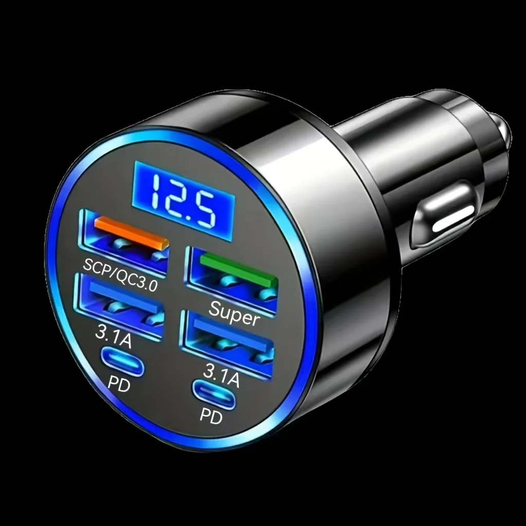 Cargador de Coche Rápido Seis en Uno de 66W con 4 Puertos USB y 2 Puertos Tipo C, Carga de Alta Velocidad y Seguridad Mejorada para Uso en el Vehículo