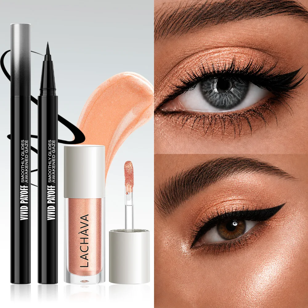 2Pcs Makeup Set, Liquid Shimmer Highlighter & Black Eyeliner Pen, Waterproof Long Lasting Smudge‑Proof Face Eye Kit for Women
