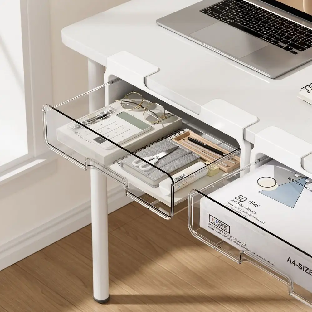 White Punch Free Storage Drawer Box Stationery Tray Desk Visible Under Desk Stand Self-adhesive Under-drawer Storage Box