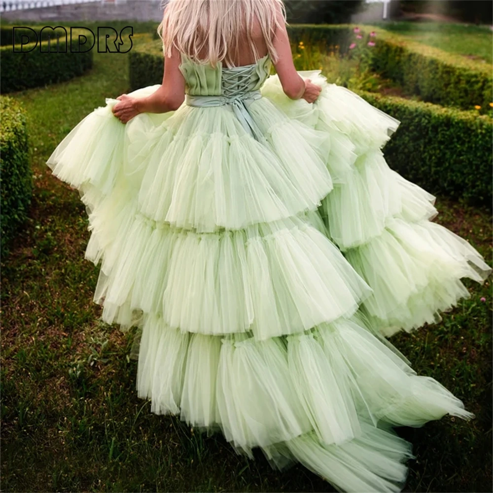 Mustard Green Fluffy Tiered Women Tulle Dress Strapless Ballgown Plus Size Lace-up Back Prom Dresses Party Gown Many Colors