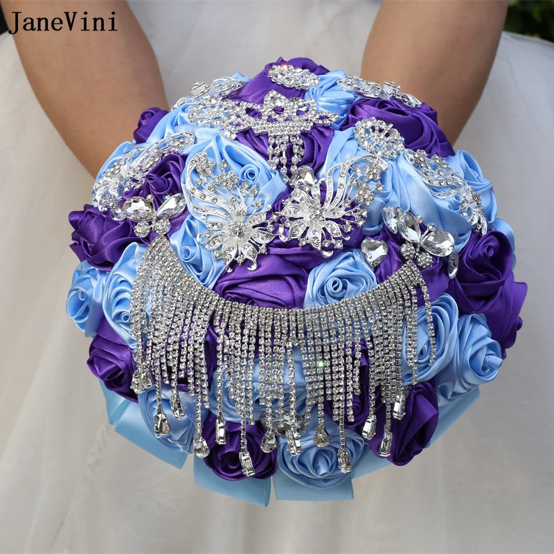 JaneVini Stunning Diamond Tassels Jewelry Bridal Bouquets Blue Purple Ribbon Roses Flowers Crystals Bride Wedding Brooch Bouquet