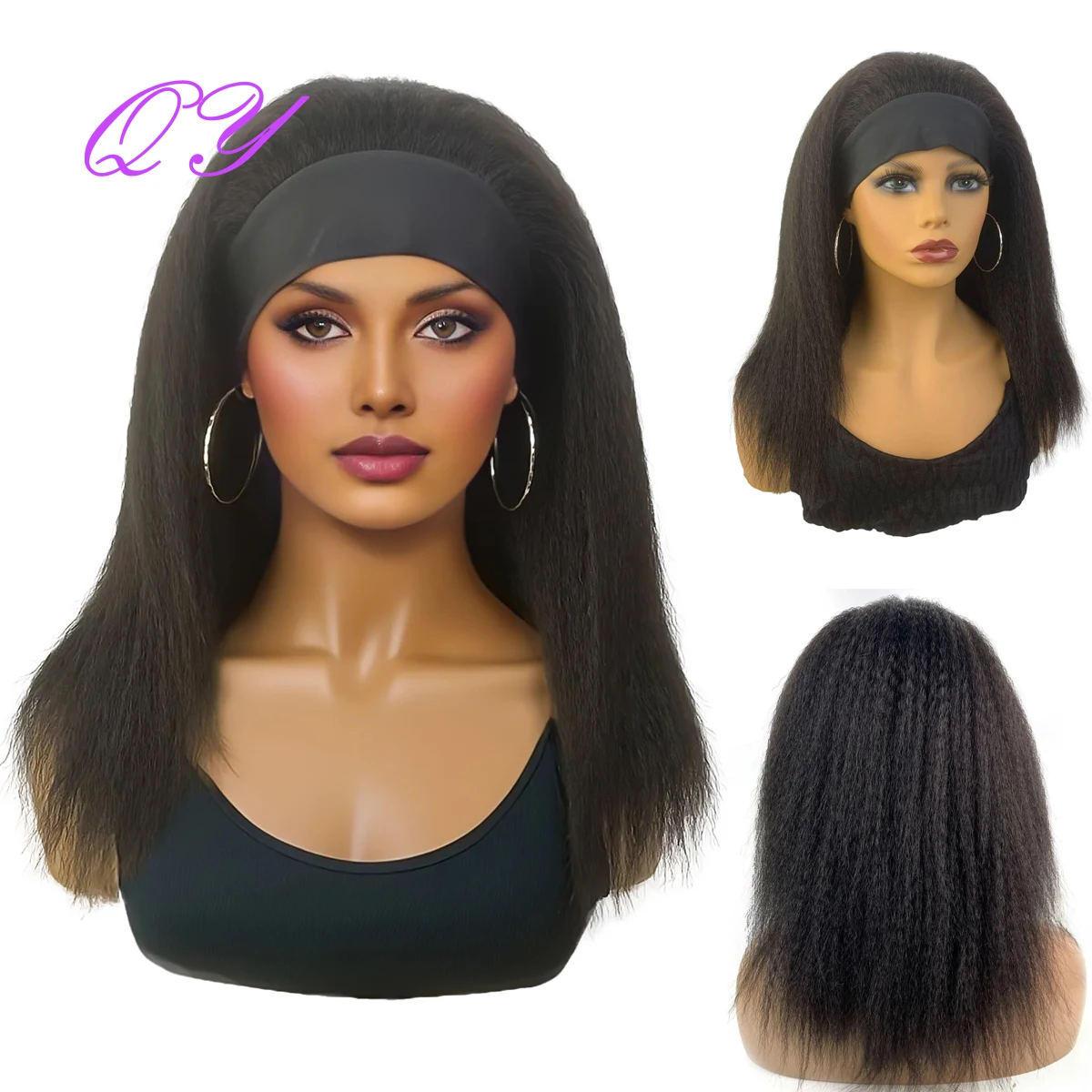 Synthetic Wig African Women Yaki Straight Headband Wigs  brownish #4 Medium Length Hairstyle Women\'s Wig Daily Ladies Turban Wig