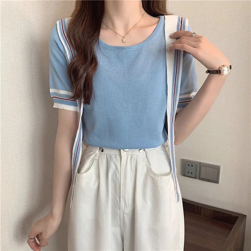 O-neck Bow Tie Striped Knitted T-shirts Women 2024 New Summer Short Sleeve Tops Students Sweet Versatile Casual Tees Female