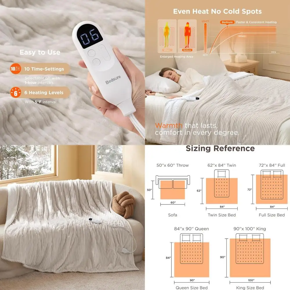 

Электрическое одеяло двойного размера — фланель в рубчик, 10 таймеров, 6 уровней нагрева, автоматическое выключение в течение 8 часов, идеальный подарок для бабушки (62x84, кремовый)