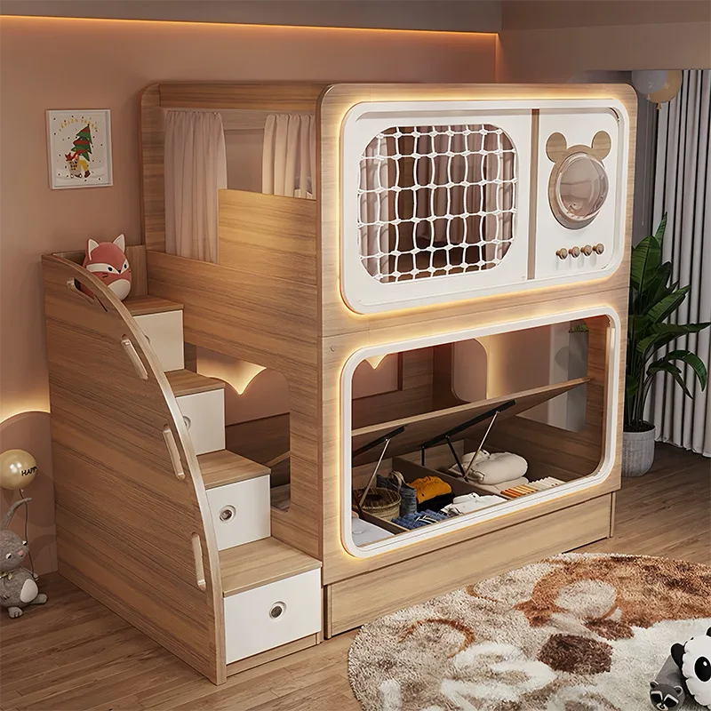 ！@Log-colored Kids Bunk Bed, Twin-over-Twin Bed for Small Spaces, Parent-child Bunk Bed for Children