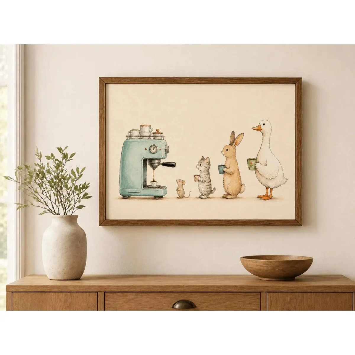Funny Animal Coffee Canvas Prints Poster Whimsical Cute Rabbit Duck Cat Mouse Coffee Queue Art Prints Kitchen Home Decor Poster