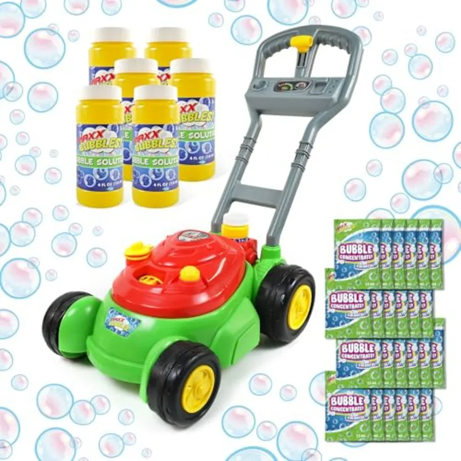 

Игрушечная газонокосилка-генератор мыльных пузырей Bubble N Go для малышей, для игр в помещении и на улице, не требует батареек, в комплекте 24 унции раствору для мыльных пузырей и