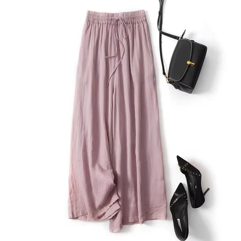 Double-Layer Cotton Linen Wide Leg Pants Thin Loose Summer Trousers Drawstring Elastic Waist Palazzo Skirt Pants