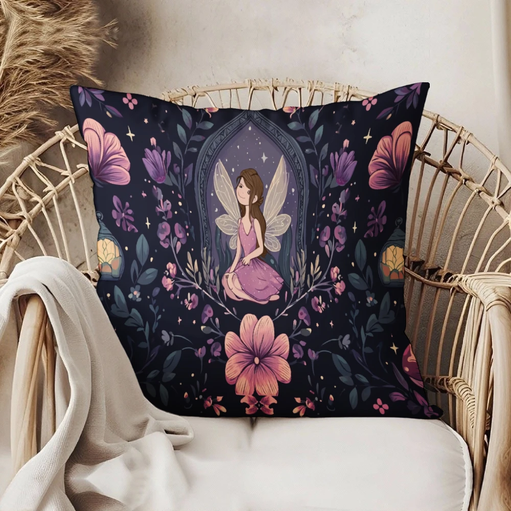 Square Throw Pillow Case Dark Blue Fairy In Floral Arch Print For Living Room Bedroom Sofa Chair Home Decor Cushion Cover