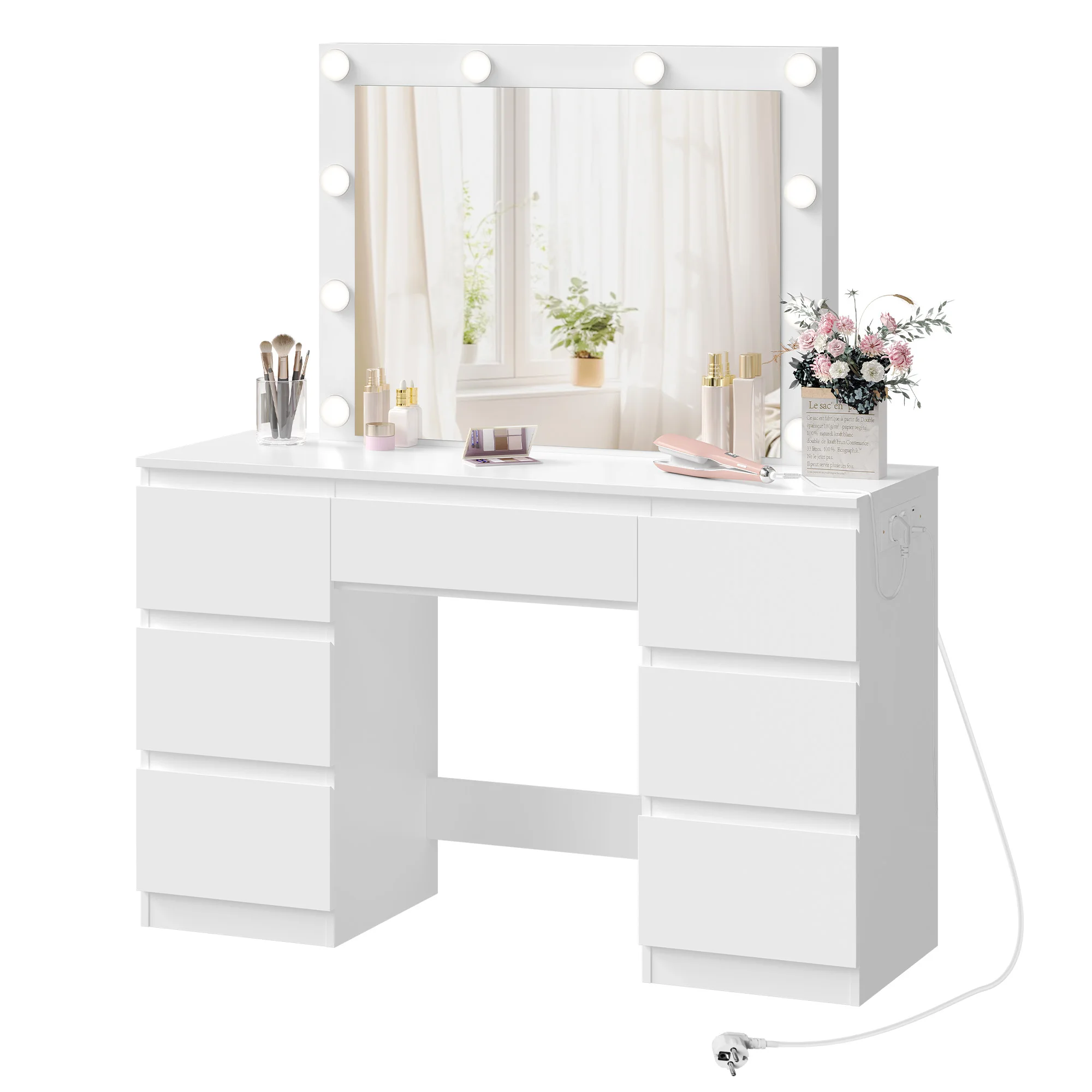 WOLTU Witte Kaptafel Meisjes/Vrouwen Vanity Dressoir met Grote Spiegel 7 Laden Make-up Bureau met LED Verlichting Oplaadaansluiting