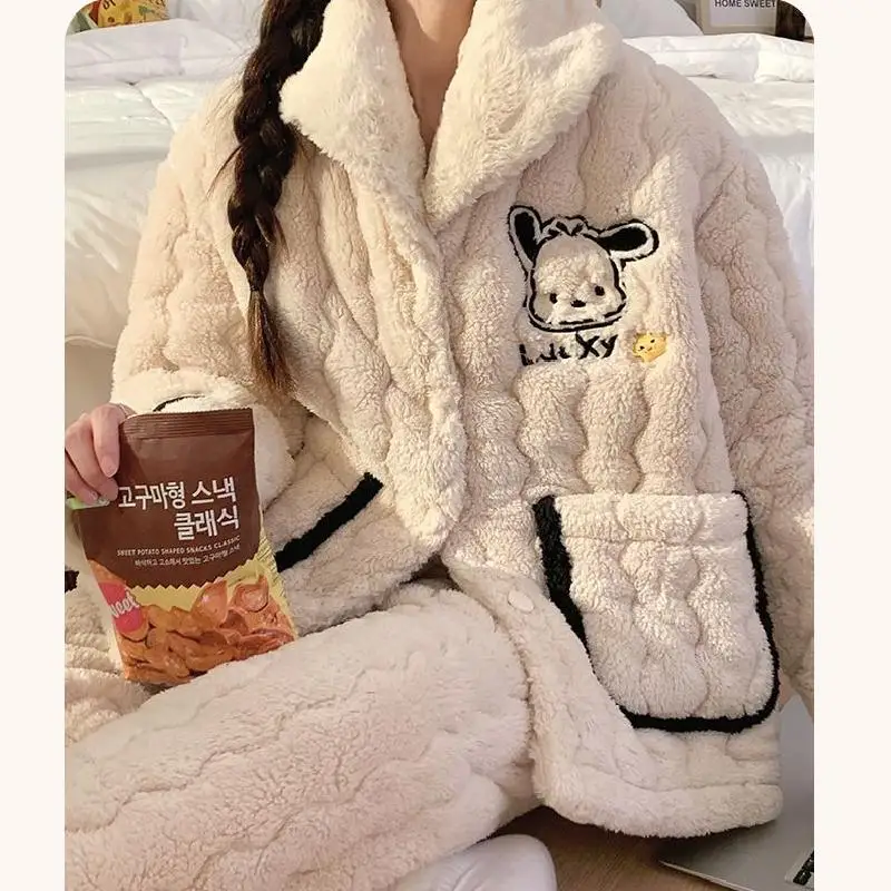 Sanrio Flannel Flip Collar Thickening Three Layer Cotton Pajama Set Kawaii Pochacco Comic Girl Winter Keep Warm Home Clothes New