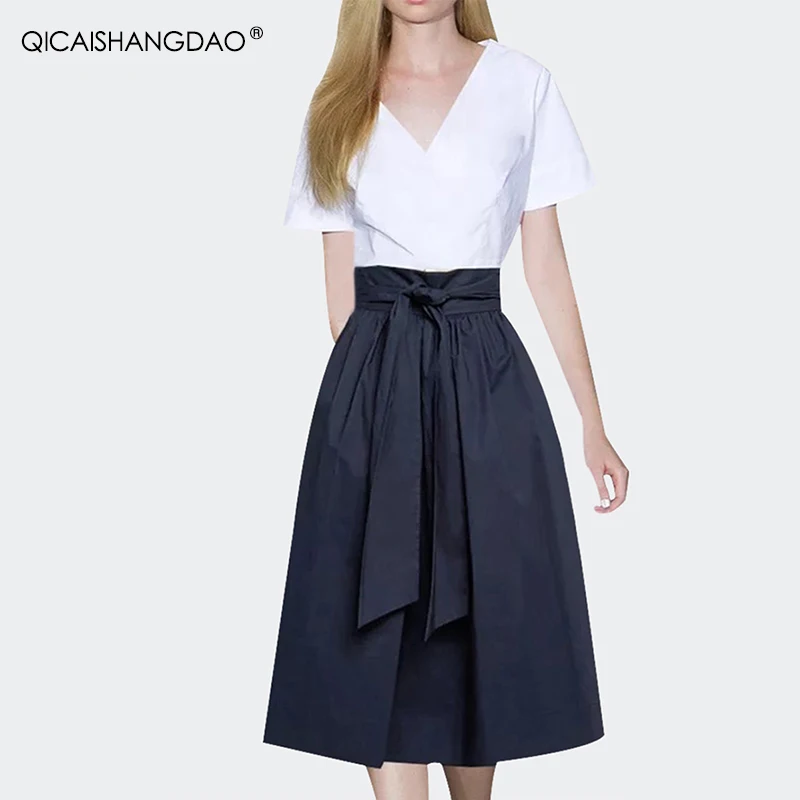 Fashion Mid-Length Solid Color Cotton Skirt Women\' Spring Summer High Waist A-line Skirts With Pockets Belt Lace-up Casual Skirt