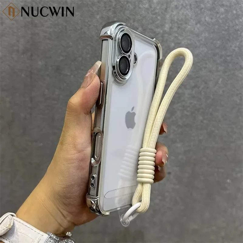 Transparent Plating Wristband Lanyard Case for iPhone 16 15 14 13 12 11 Pro Max Plus X Xs Xr Four Corner Anti Fall Airbag Cover