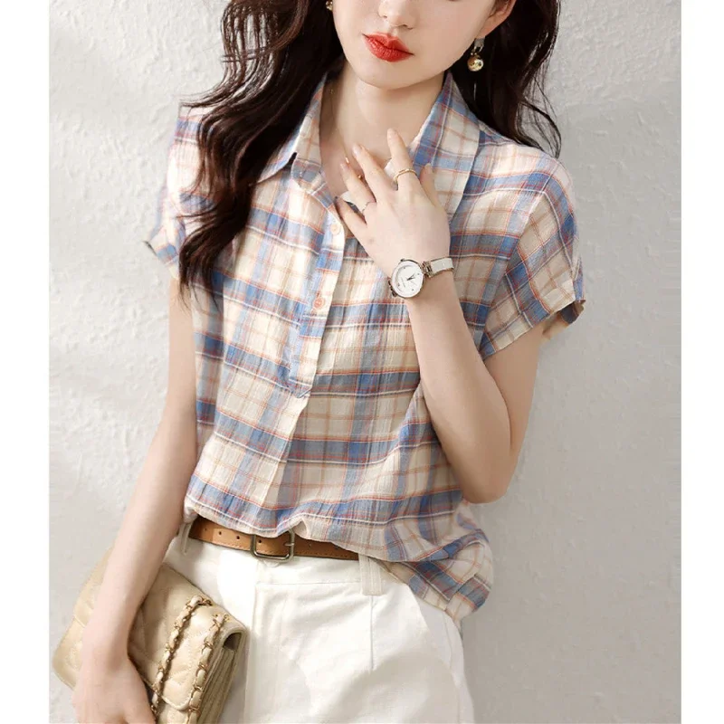 

Turn-down Collar Summer Women's Clothing Chiffon Cardigan Plaid Striped Button Short Sleeve T-shirt Casual Colorful Retro Tops