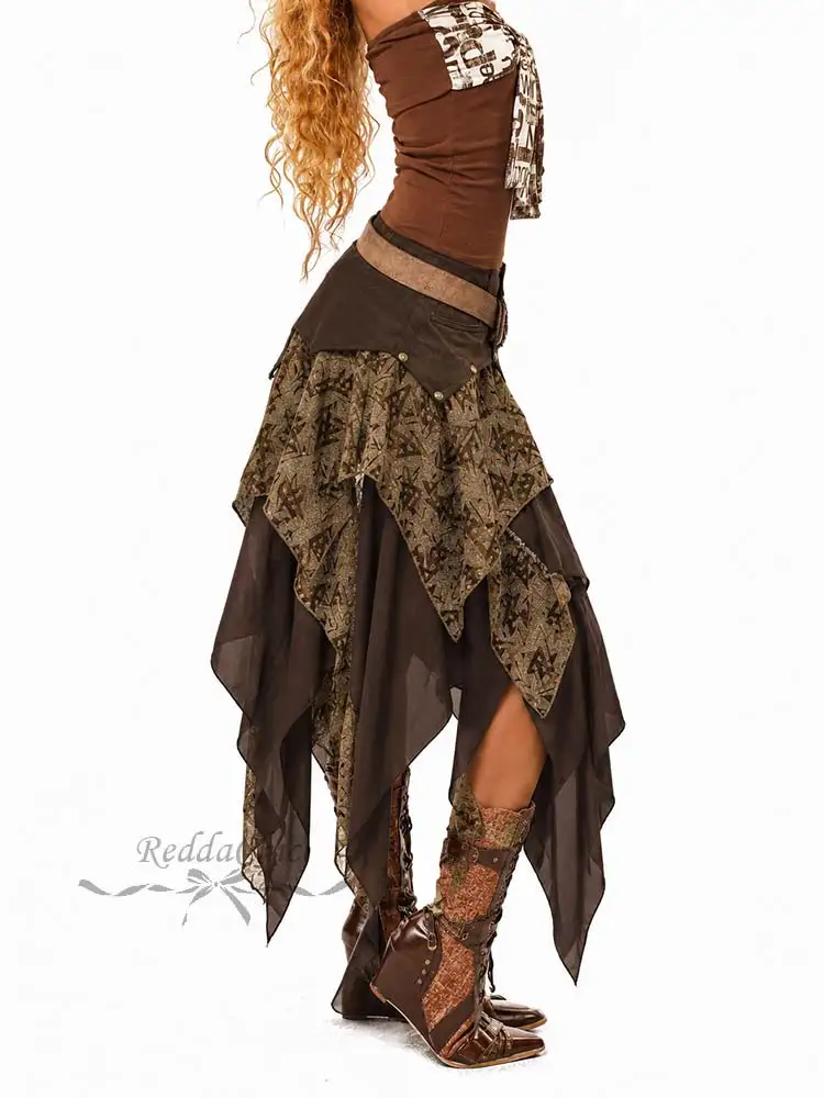 REDDACHiC Vintage Patchwork Women Ruffle Irregular Skirt Steampunk Brown Suede Leather Stud A-line Long Dress Hippie Streetwear